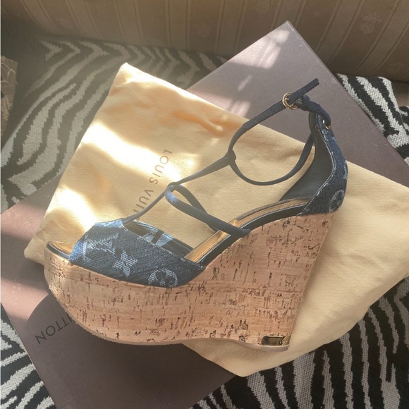 Louis Vuitton Blue Denim Monogram cork wedges Platform Sandals - Picture 2 of 8